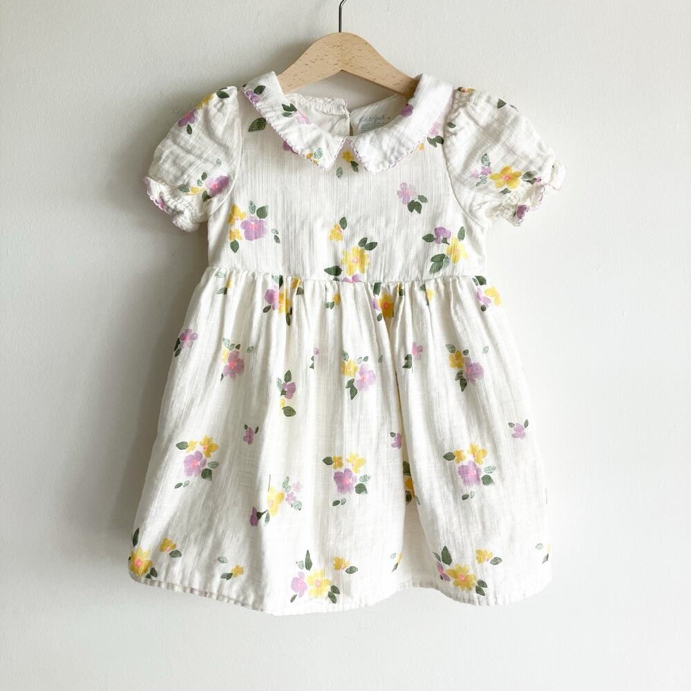 Cat & Jack 3T Dress Floral Print 100% Cotton Gauze White Short Sleeve Lined
